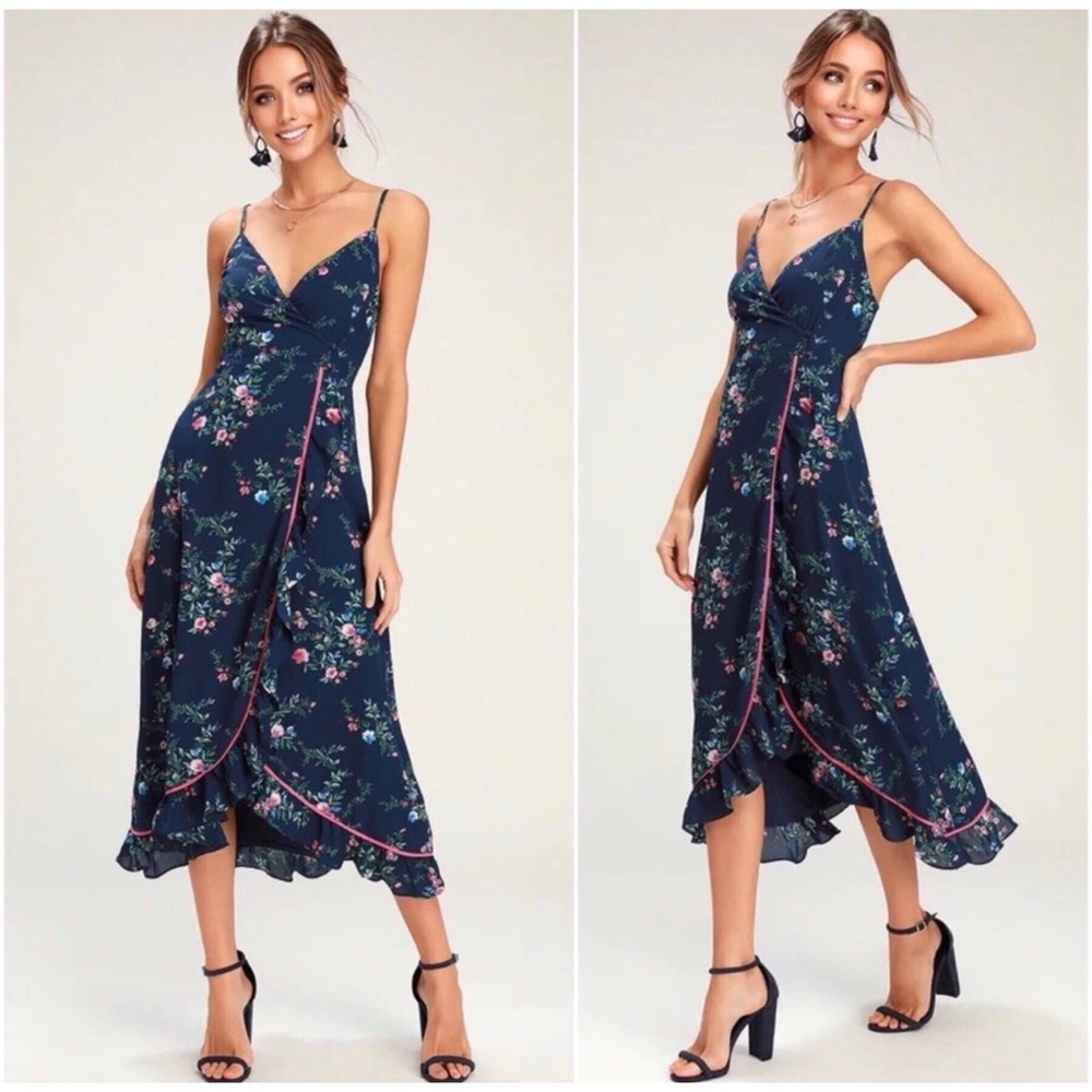 1 LEFT! Floral Wrap Navy Midi Summer Women's Elegant Feminine dress - Picture 3 of 3